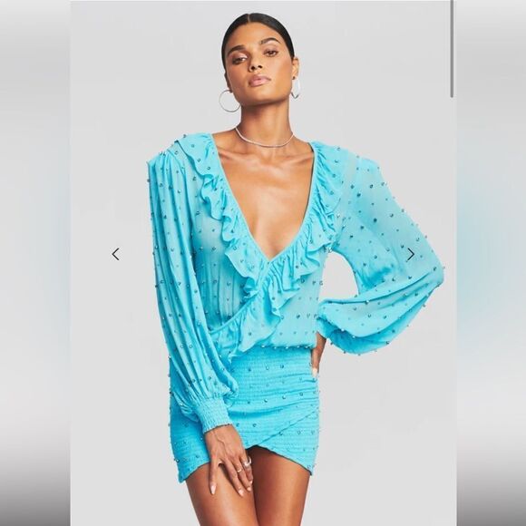 Retrofete Lennon Dress embellished smocked mini chiffon rhinestone acqua blue M - Picture 3 of 15